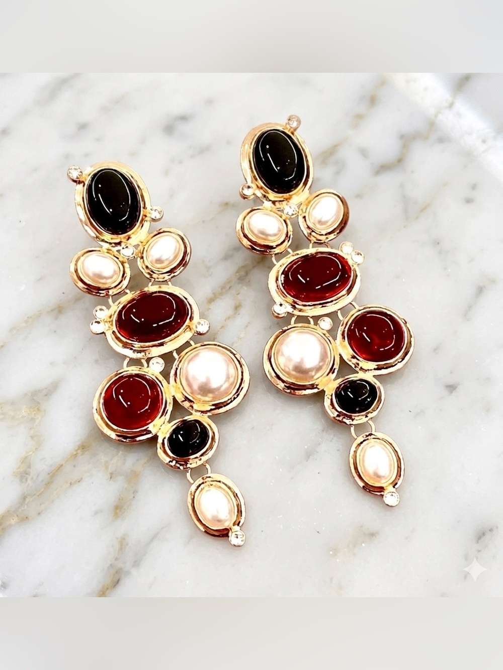 Vintage Glam Statement Earrings | Red, Black & Pearl Drop | Gold Tone - Picture 2 of 4